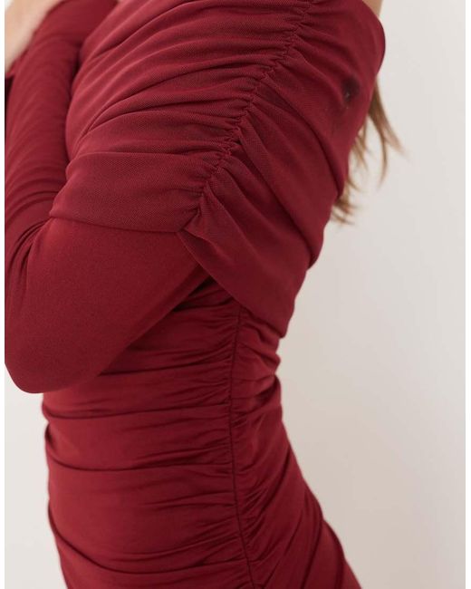 SNDY'S Red Mesh Asymmetric Shoulder Overlay Maxi Dress
