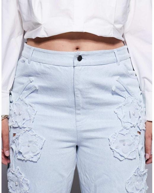 ASOS Blue Curve Denim Pearl Embellished Cornellli Jeans With Organza Flowers