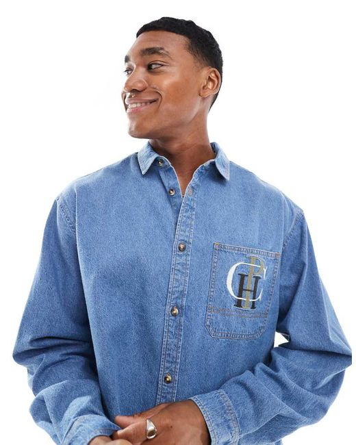 ASOS Oversized Recht Denim Overhemd Met Borduursel Op De Borst in het Blue voor heren