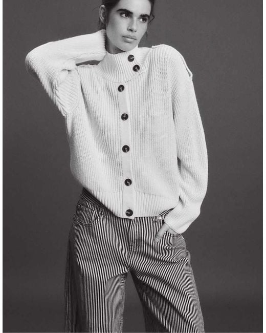 Stradivarius Gray High-Neck Button-Up Knit Cardigan