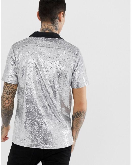 ASOS Festival Regular Fit Silver Sequin Shirt With Revere Collar in ...