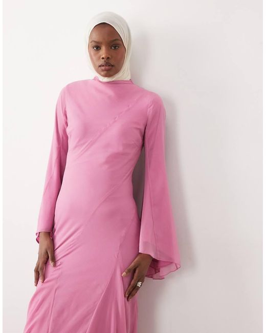 ASOS Pink Long Sleeve Layered Godet Bias Cut Maxi Dress