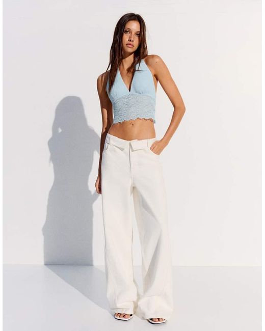 Bershka Blue Rustic Asymmetric Lace Top