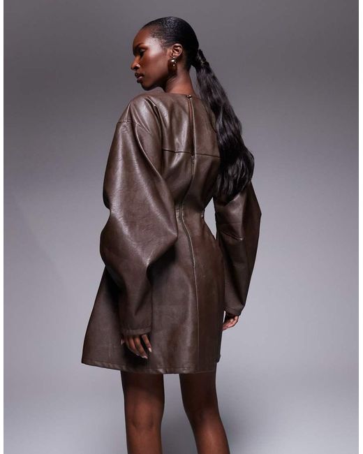 ASOS Brown Structured Pu Cocoon Sleeve Seam Detail Mini Dress