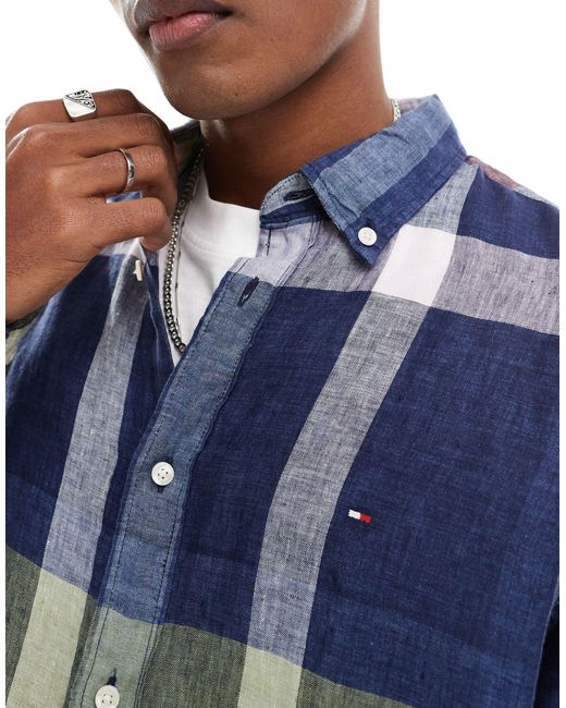 Tommy Hilfiger Blue Multi Check Linen Shirt for men