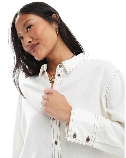 Only Petite White Linen Cropped Shirt With Contrast Stitch
