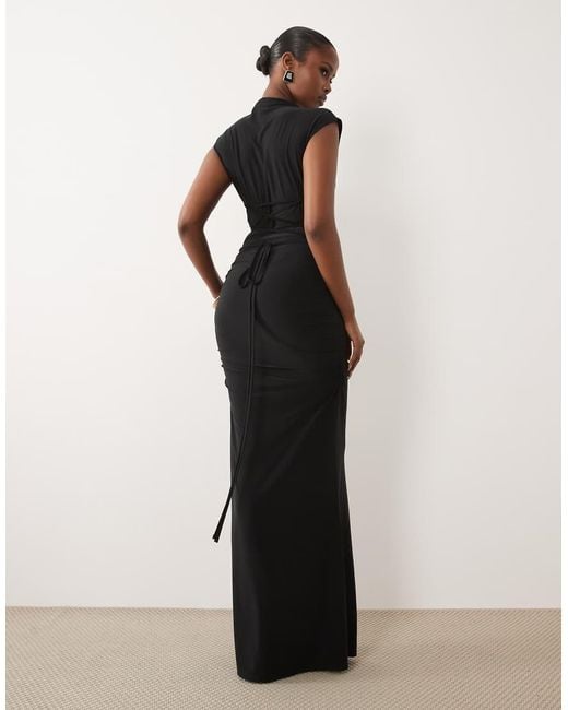 ASOS Black Cap Sleeve Maxi Dress With Lace Up Detail And Ruching