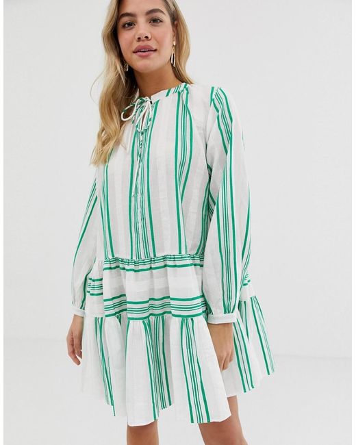 ASOS Tiered Mini Smock Dress In Casual Stripe in Green - Lyst