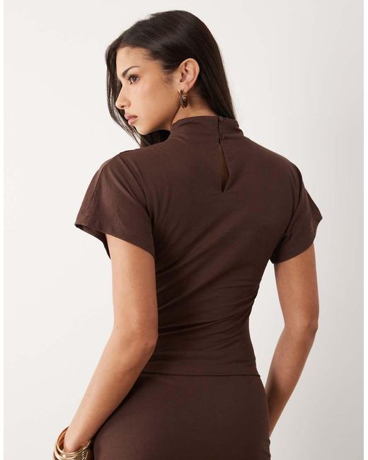 ASOS Brown Co-Ord Linen Look Drape High Neck Top