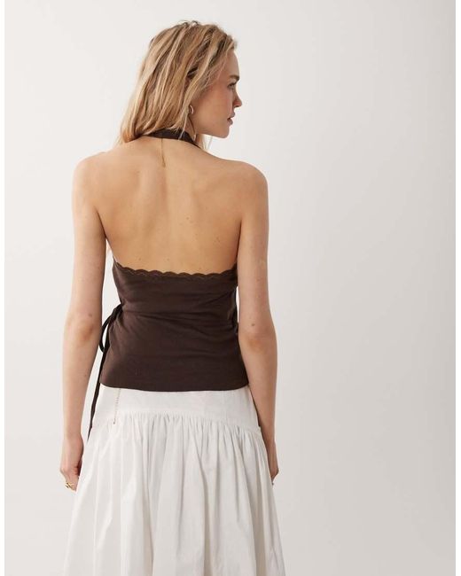 Miss Selfridge Brown Pointelle Halterneck Wrap Top