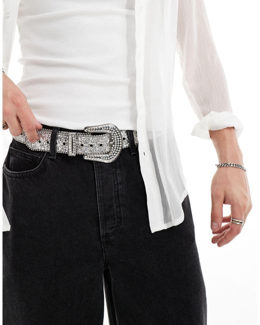 ASOS Black Faux Leather Western Belt With Crystal And Glitter for men