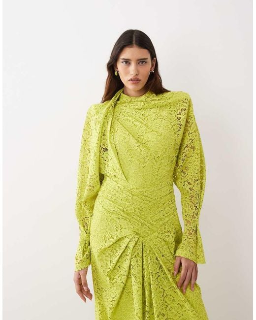 ARRANGE Green High Neck Ruched Cinched Waist Lace Maxi Dress