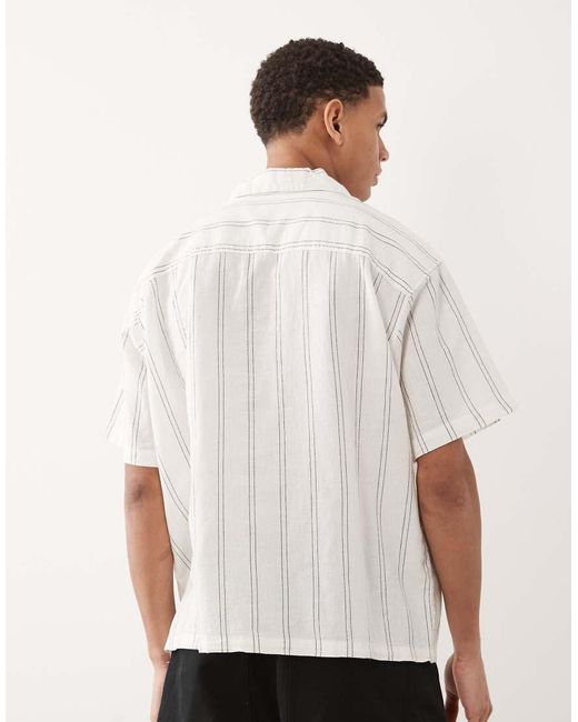 Jack & Jones White Linen Blend Cropped Short Sleeve Stripe Shirt for men