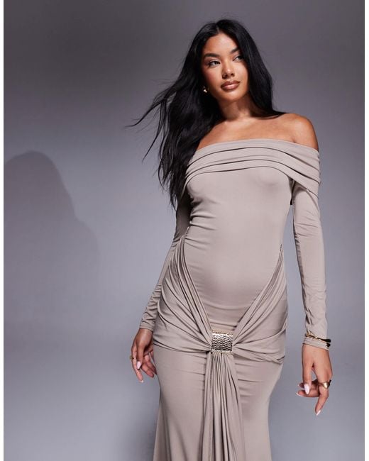 Aria Cove White Deep Bardot Gold Hardware Front Drape Detail Maxi Dress