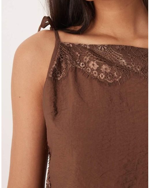 ASOS Brown Cami Square Neck Crinkle Satin Lace Detail Maxi Dress