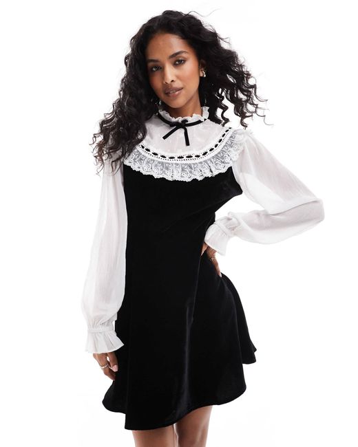 Miss Selfridge Embroidered Chiffon And Velvet Mini Dress in Black | Lyst