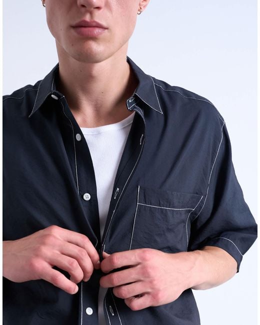 Topman Blue Relaxed Fit Shirt With Contrast Stitch Detail for men