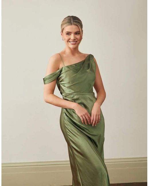 Six Stories Green Bridesmaid Satin Asymmetric Cowl Neck Maxi Dress