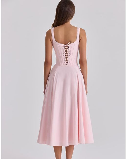 House Of Cb Pink Jaime Cotton Lace Up Midi Sundress