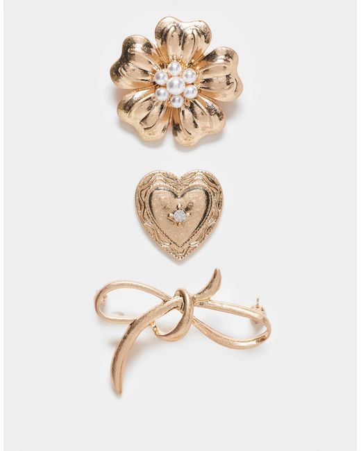 ASOS White Pack Of 3 Brooches With Flower, Bow And Heart Design