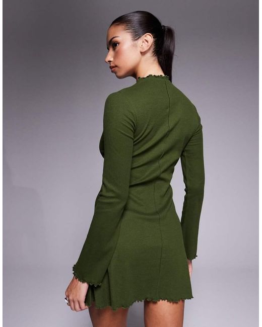 ASOS Green Ribbed Long Sleeve Lettuce Hem Mini Dress