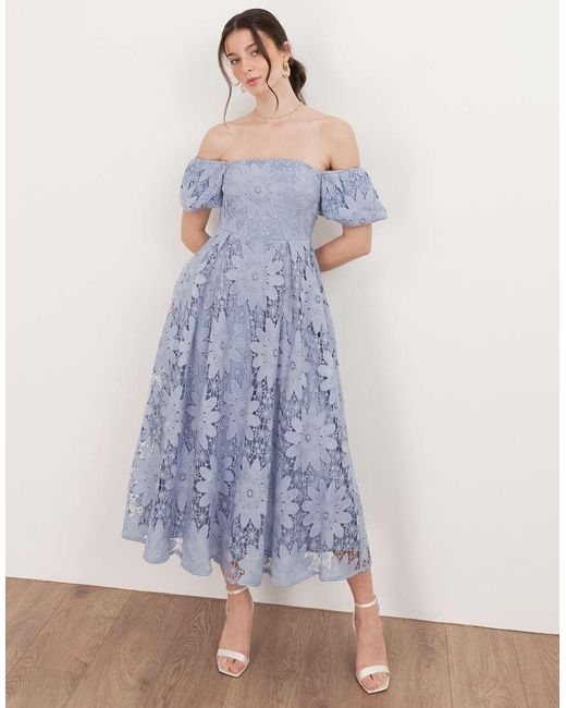 Maya Blue Bardot Puff Short Sleeve Lace Midi Dress