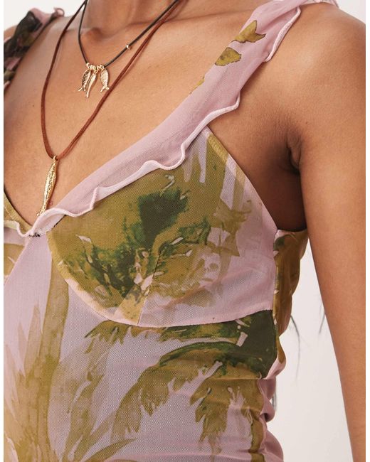 Robe mi-longue en tulle avec bretelles à volants - imprimé fleurs vintage ASOS en coloris Pink