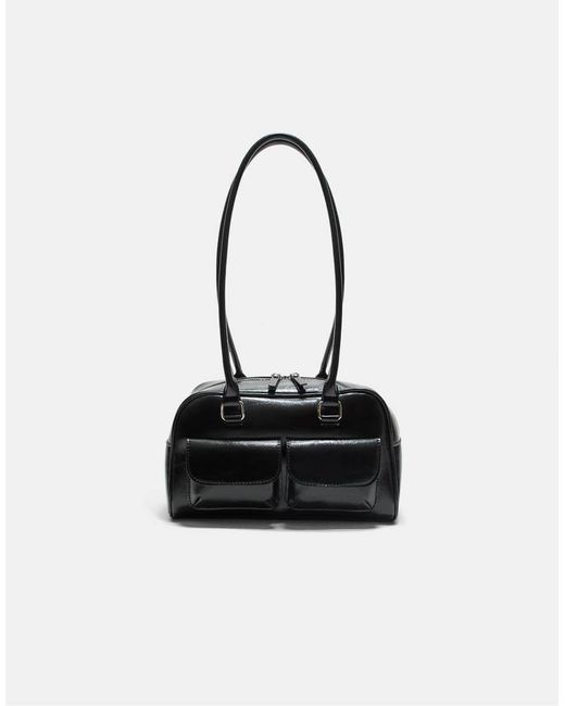 Stradivarius Black Shoulder Bag With Pockets And Long Strap