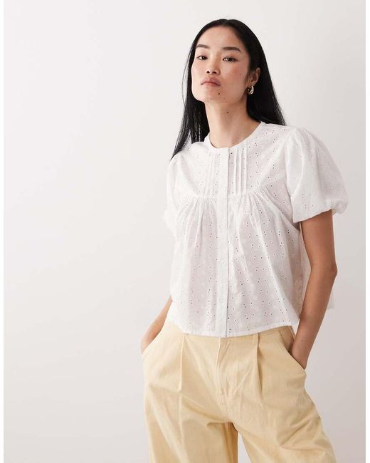 Wednesday's Girl Natural Short Sleeve Broderie Button Up Blouse