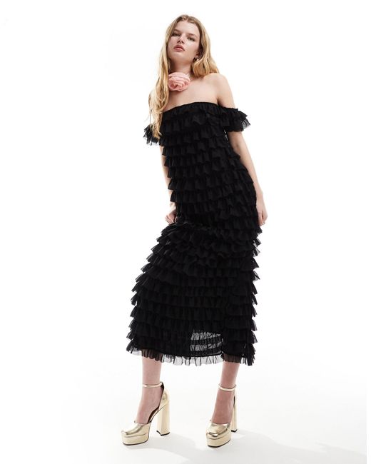Vestido semilargo con escote bardot y acabado texturizado Ghospell de color Black