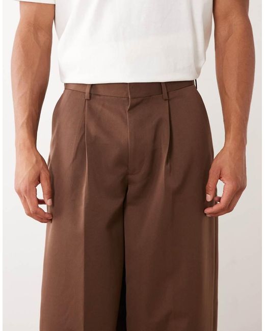 ASOS Brown Tailored Pleated Wide Barrel Leg Trousers for men