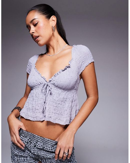 Princess Polly Gray Kellan Textured Frill Trim Milkmaid Tie-front Peplum Top