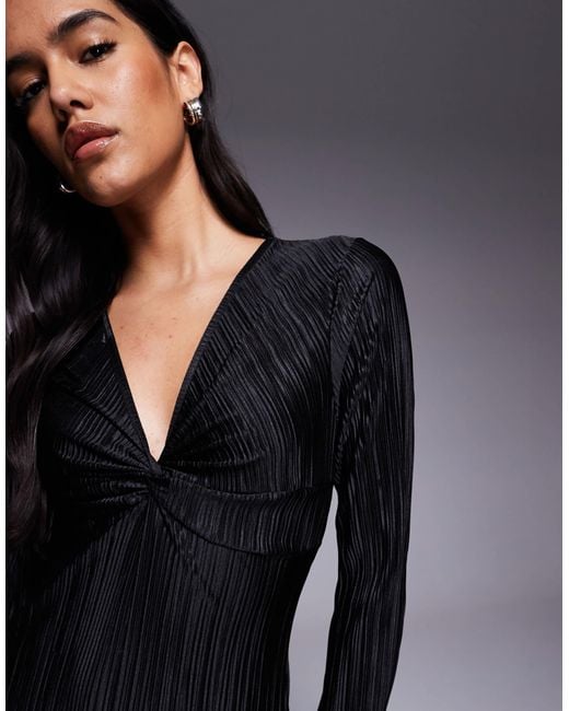 ASOS Blue Plisse Long Sleeve Twist Front Midi Dress