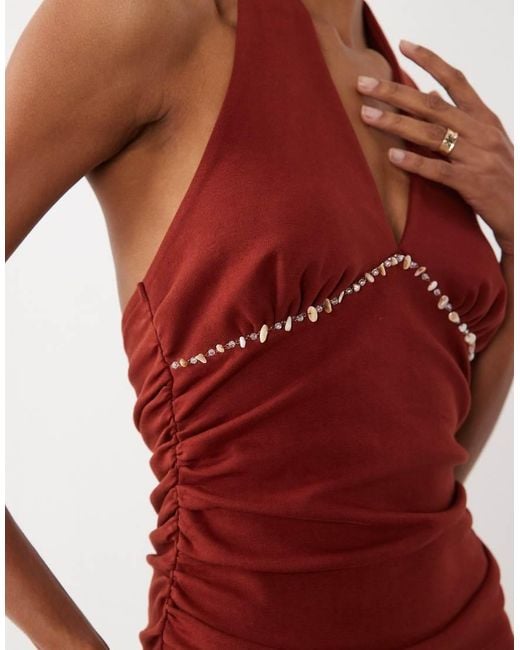 ASOS Red Compact Cotton Ruched Halter Neck Top With Bead Detail