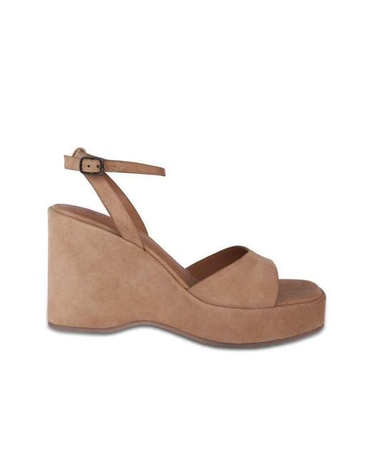 OFF THE HOOK Brown Larson Suede Platform Wedge Sandals With Buckle Strap
