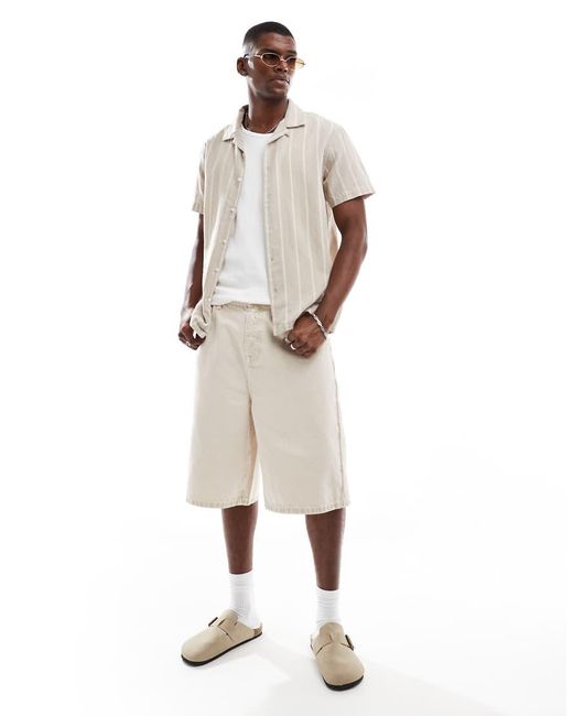 Brave Soul White Cotton Short Sleeve Stripe Shirt With Linen for men