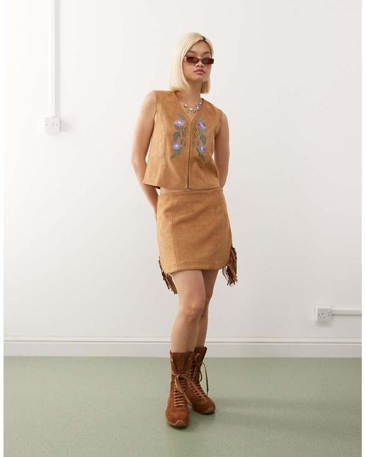 Reclaimed Vintage Natural Faux Suede Festival Mini Skirt With Fringing
