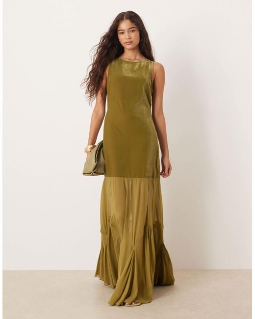 ASOS Green Drop Waist Velvet Maxi Dress With Sheer Godet Skirt