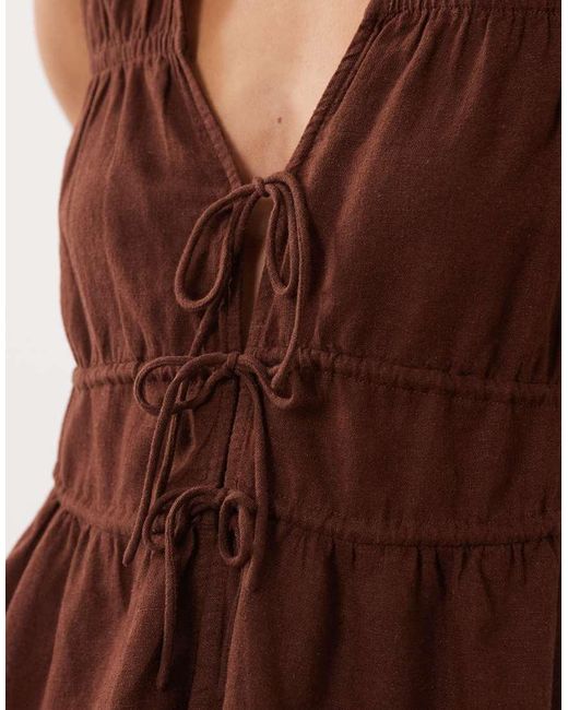 Nobody's Child Brown Linen Blend Ruched Tie Front Top