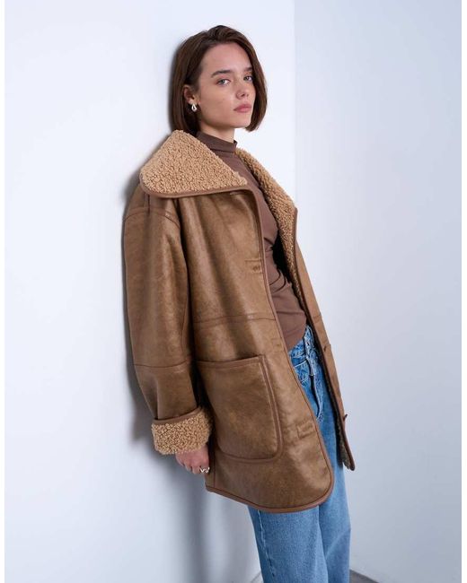 TOPSHOP Brown Faux-shearling Oversized Patch Pocket Mid Length Car Coat