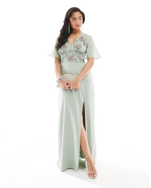 Maya Blue Floral Embellished Short Angel Sleeve Maxi Dress