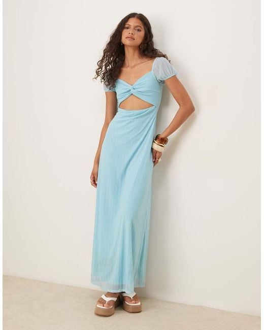 ASOS Blue Textured Mesh Twist Front Puff Sleeve Midi Dress