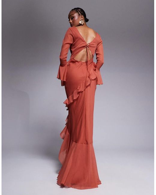 ASOS Red Asos Design Tall V Neck Long Sleeve Ruffle Maxi Dress With Cut Out Back
