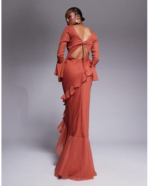 ASOS Red Asos Design Tall V Neck Long Sleeve Ruffle Maxi Dress With Cut Out Back