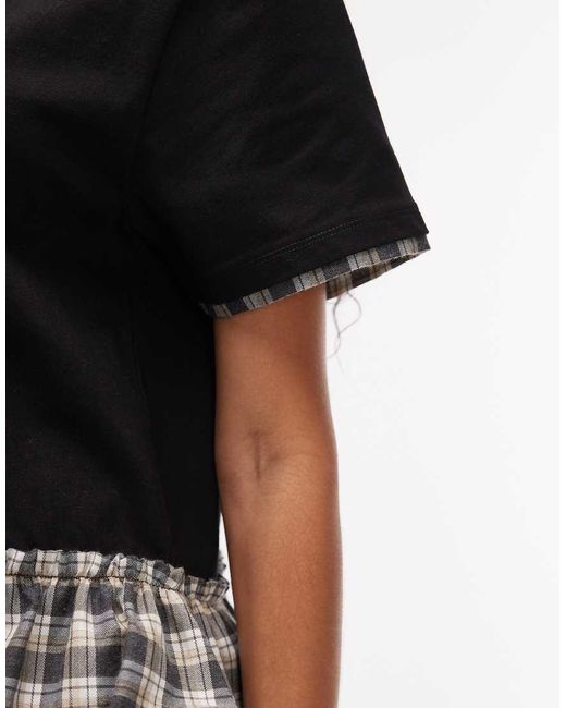 ASOS Black Double Layer Contrast Gingham Hem Peplum Top
