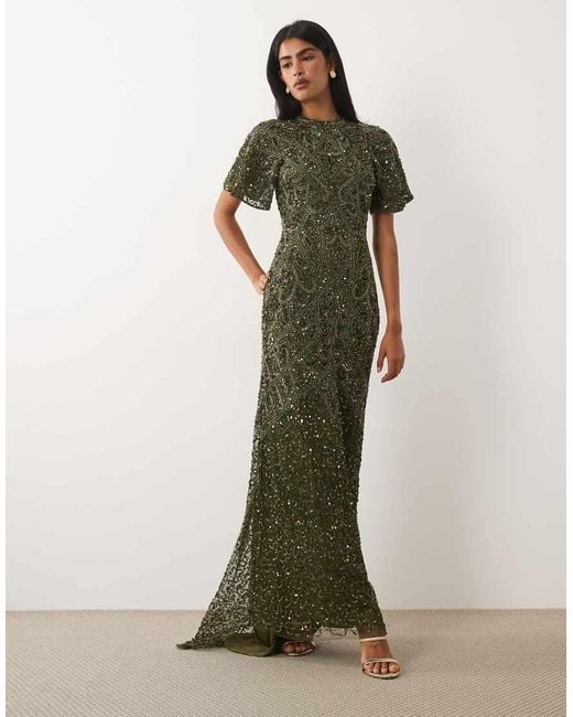 Beauut Green Embellished High Neck Open Back Maxi Dress