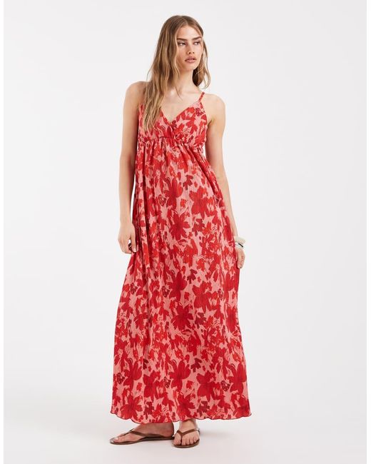 Pieces Red Wrap Detail Cami Plisse Maxi Dress