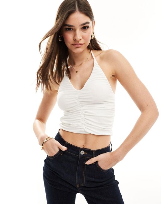 Pull&Bear White Ruched Front Halterneck Strappy Top