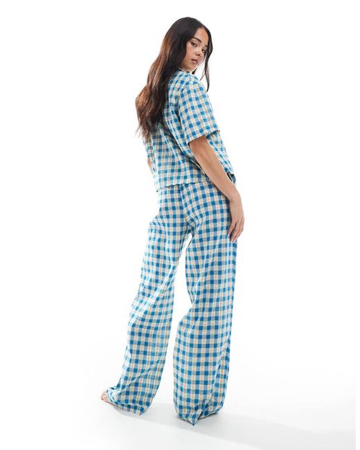 Daisy Street Geruite Pyjamabroek Met Bloemenprint En Elastische Taille in het Blue