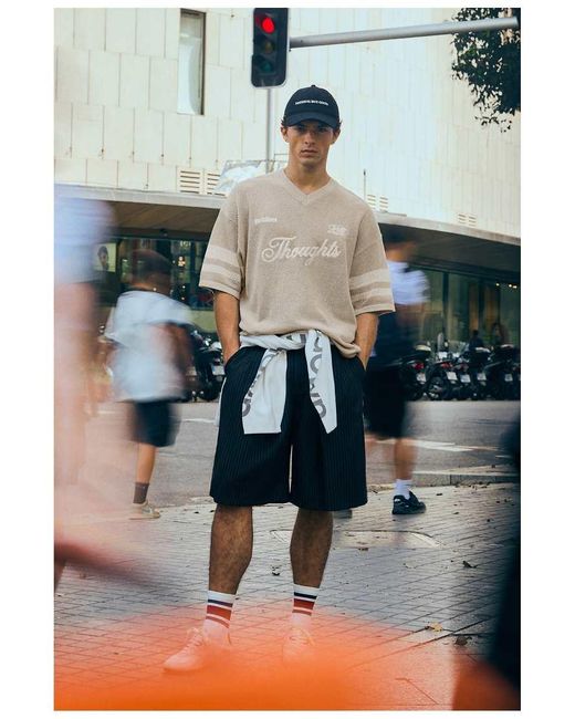 Bershka White Embroidered Mesh V-neck T-shirt for men